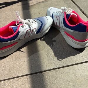 New Balance White Sneakers with Pink & Blue Accents